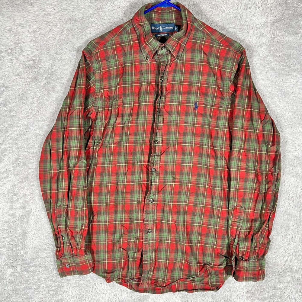 Polo Ralph Lauren Mens Custom Fit Plaid Button Down Shirt Red Green Medium